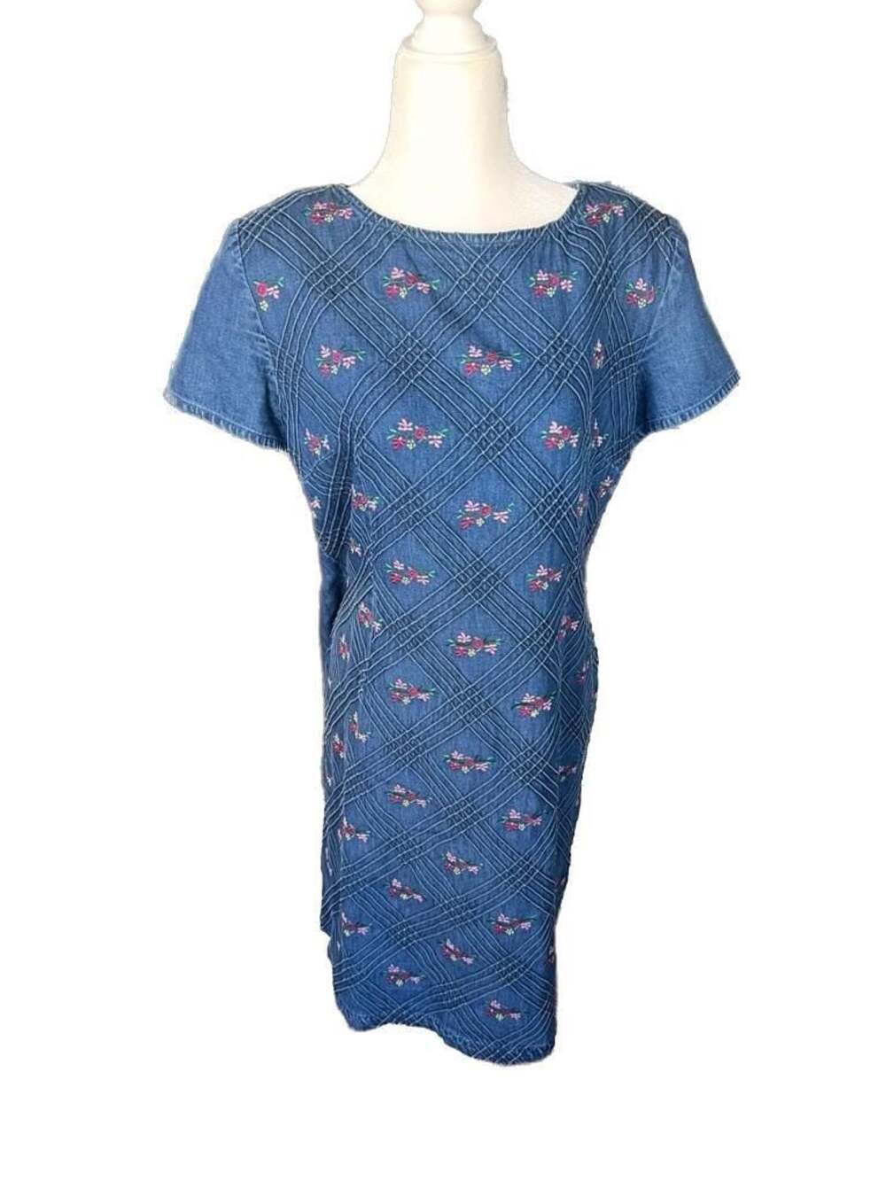 Karin Stevens Vintage Denim Short Sleeve Dress with Floral Embroidery